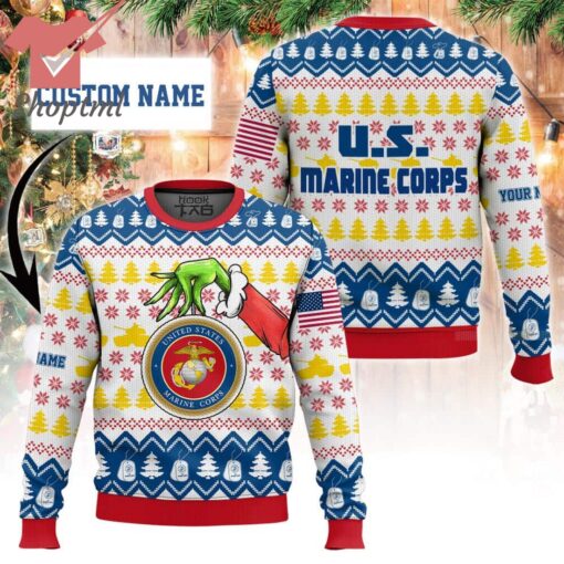 Grinch x US Marines Custom Name Ugly Christmas Sweater